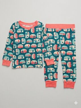 Girls Teal Camper-Print Pajama Set with Coral Trim